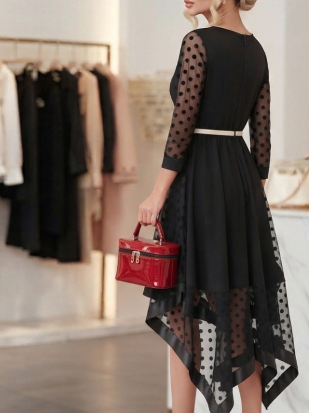 Zinochka Glamur Collection | Black Polka Dot Mesh Asymmetric Dress.US 16.